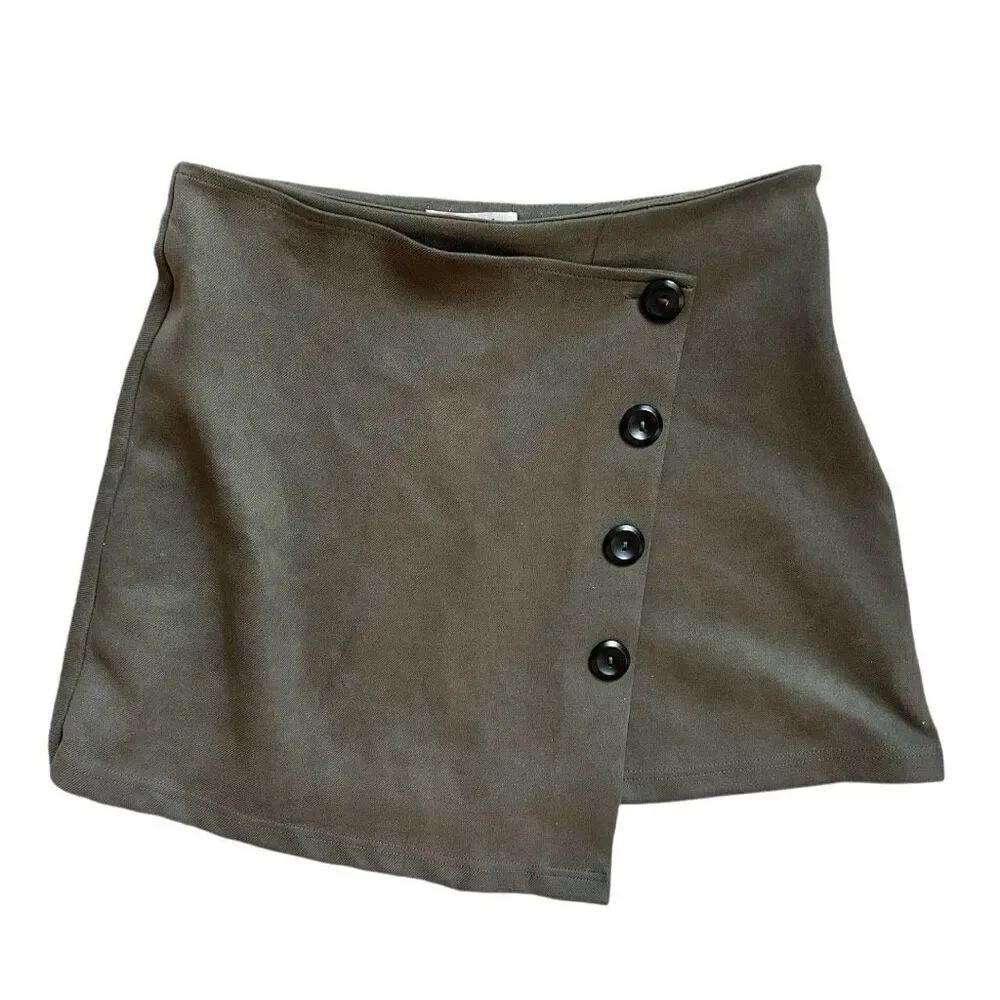 Womens Listicle Olive Green Wrap Button Detail Chic Mini Skirt - Sz M